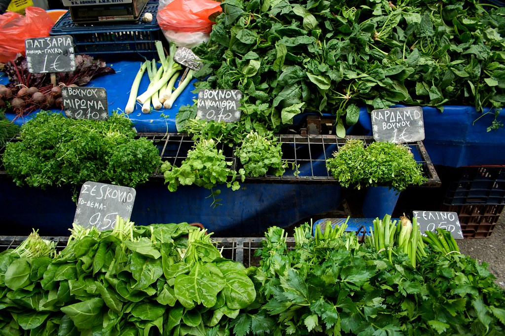 A high-angle shot of fresh and green produce at the Athens Farmers Market
